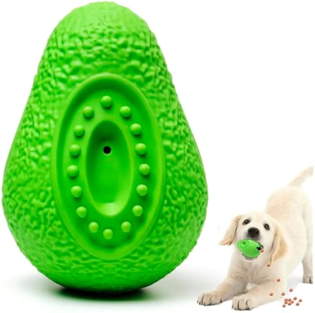 Green avocado-shaped natural rubber dog chew toy with textured surface for aggressive chewers