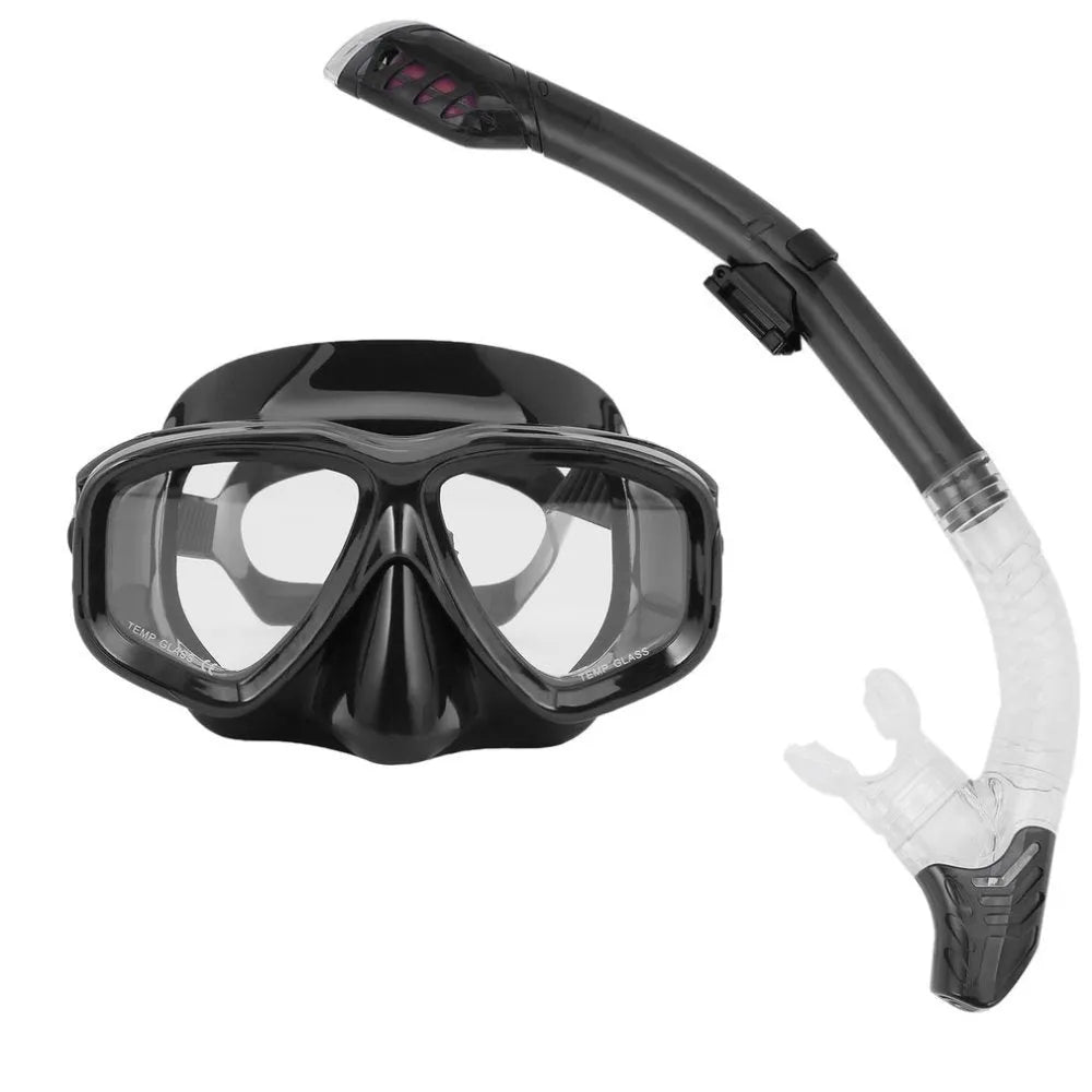 Diving goggles with PC frame, transparent glass lens, adjustable silicone strap, and buckle in multiple colour options