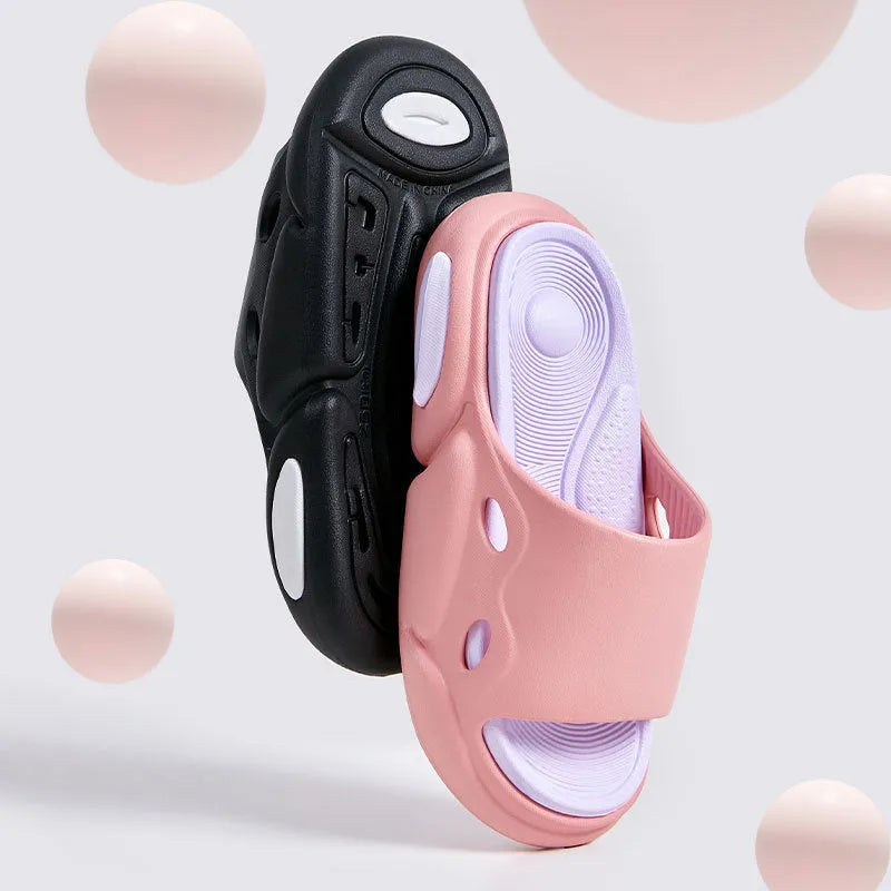Women's and men's two-colour EVA slippers with thick soles and leather lining in pink purple, white green, or black and white options.