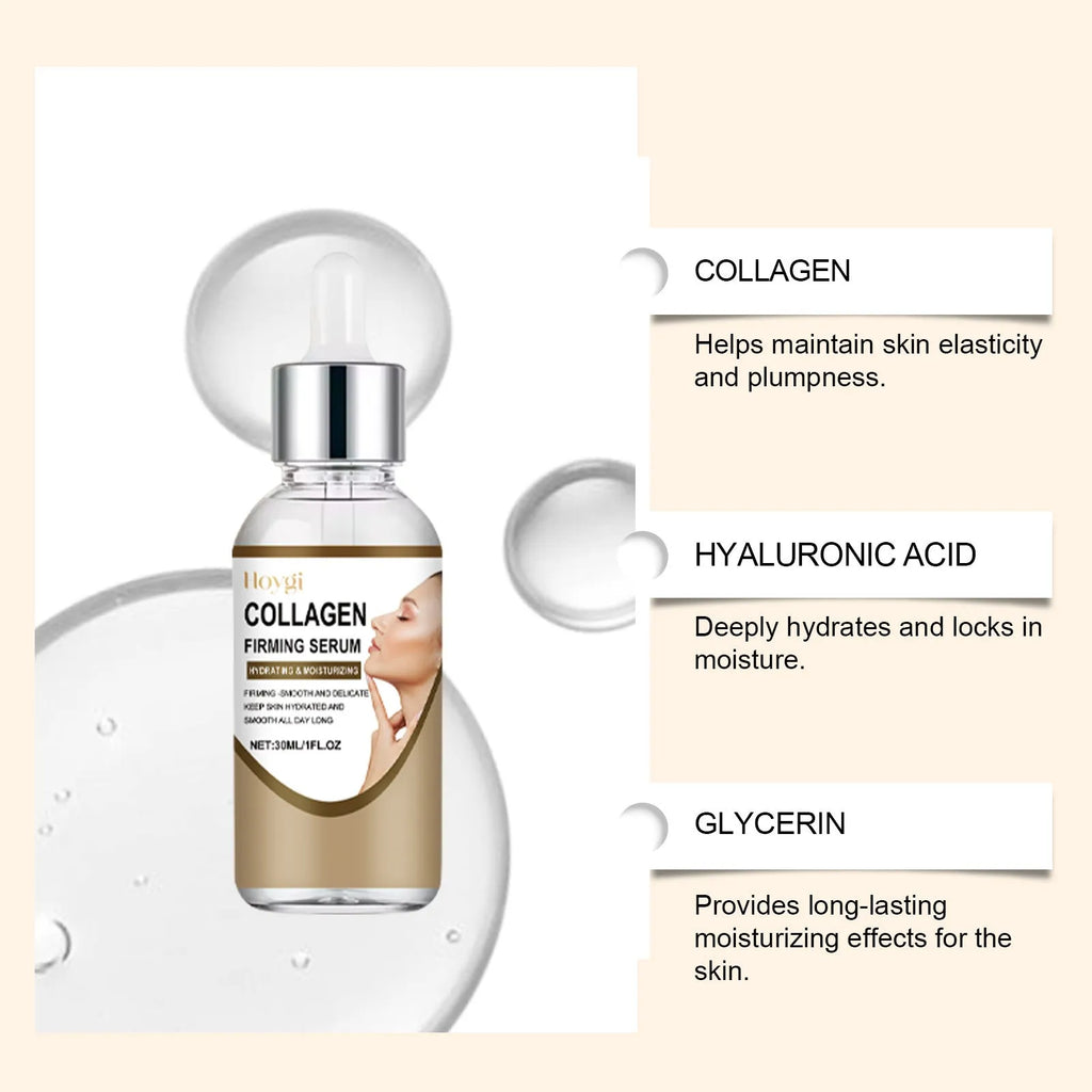 Collagen firming care solution 30ml container showing 2.8cm × 2.8cm × 10.3cm dimensions with hyaluronic acid and glycerol formula