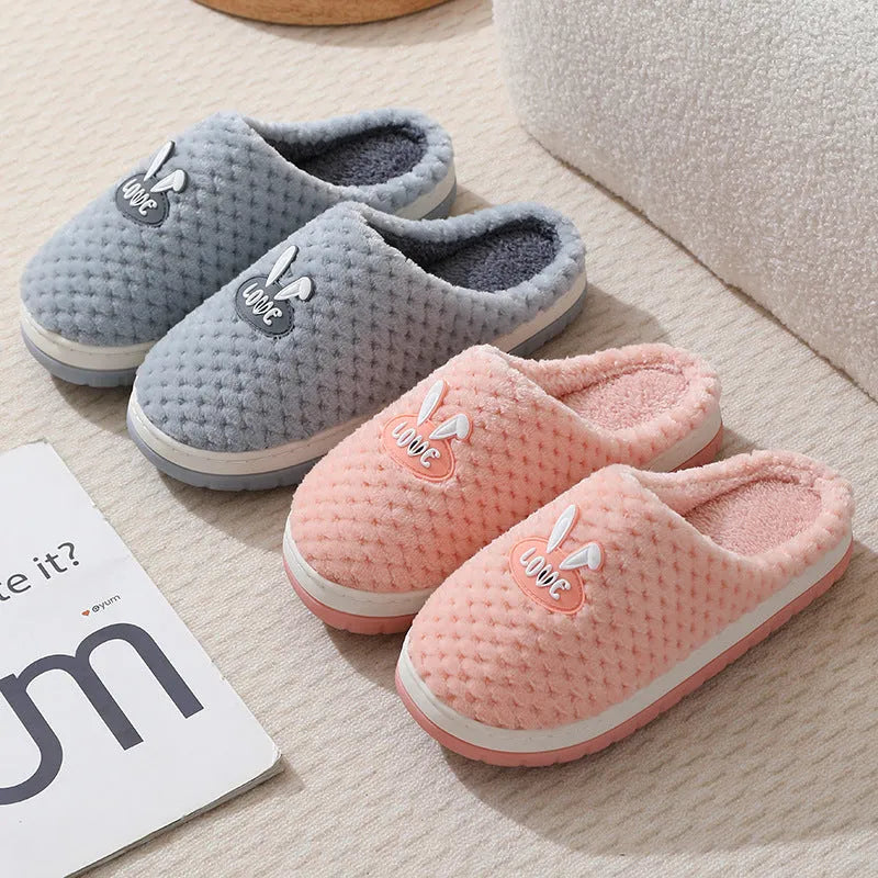 Women's rabbit plaid pattern house slippers with artificial fur upper and non-slip rubber soles