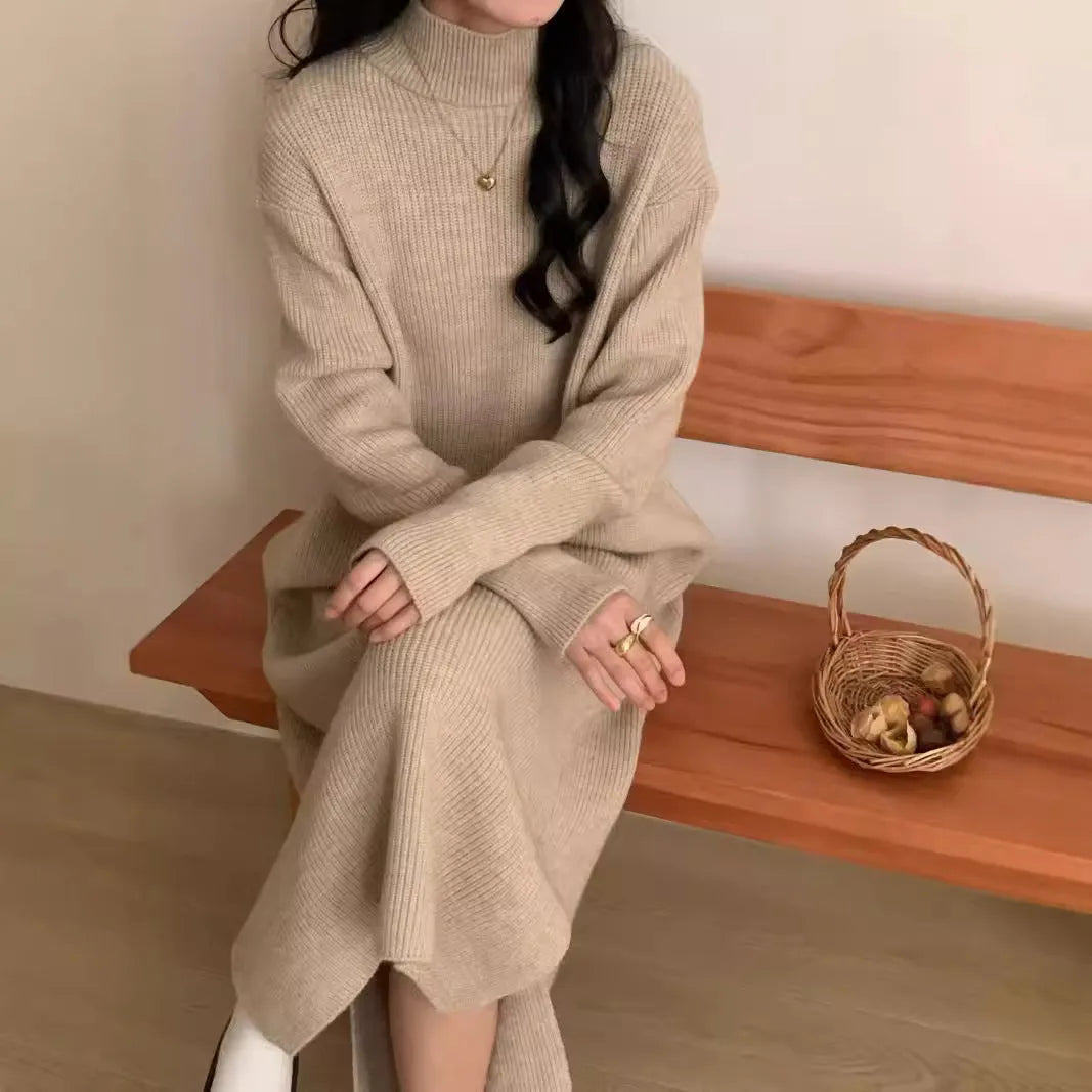 Knee-length acrylic knitted dress with half turtleneck collar and high-waist design