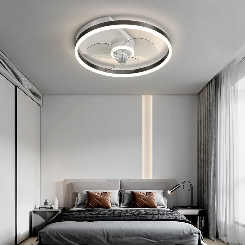 Modern Nordic style white ceiling light with integrated fan blades for a child's room.