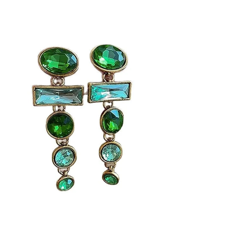 Green gradient retro earrings with geometric Chinese design and zircon inlay