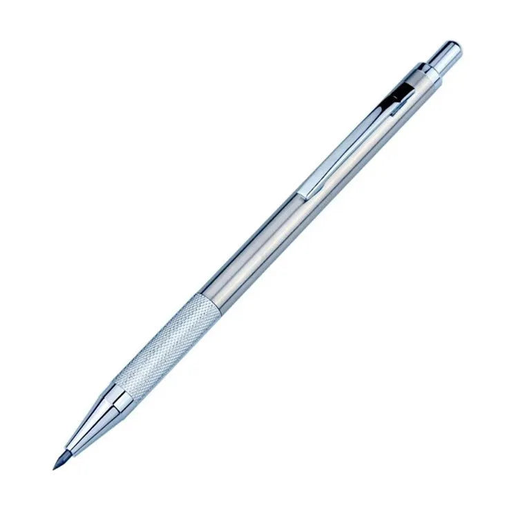 Metal automatic mechanical pencil showing five available lead diameter options from 0.5mm to 2.0mm