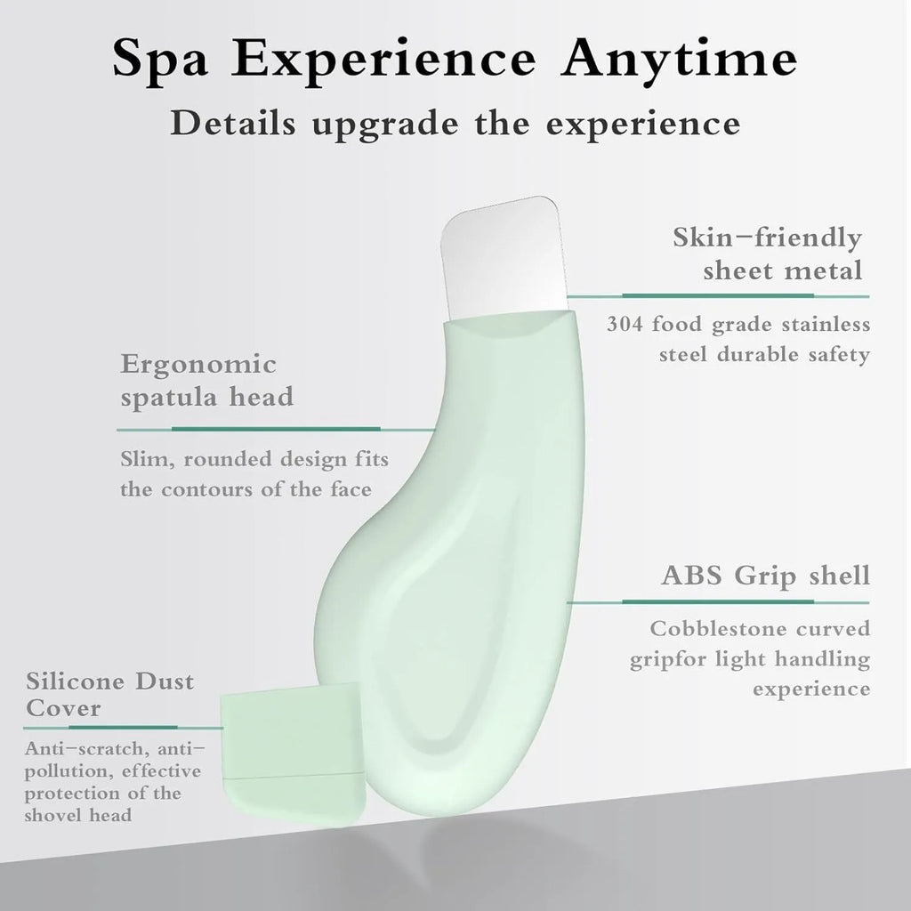 Green stainless steel pore scraper facial tool with a non-slip handle for blackhead removal.
