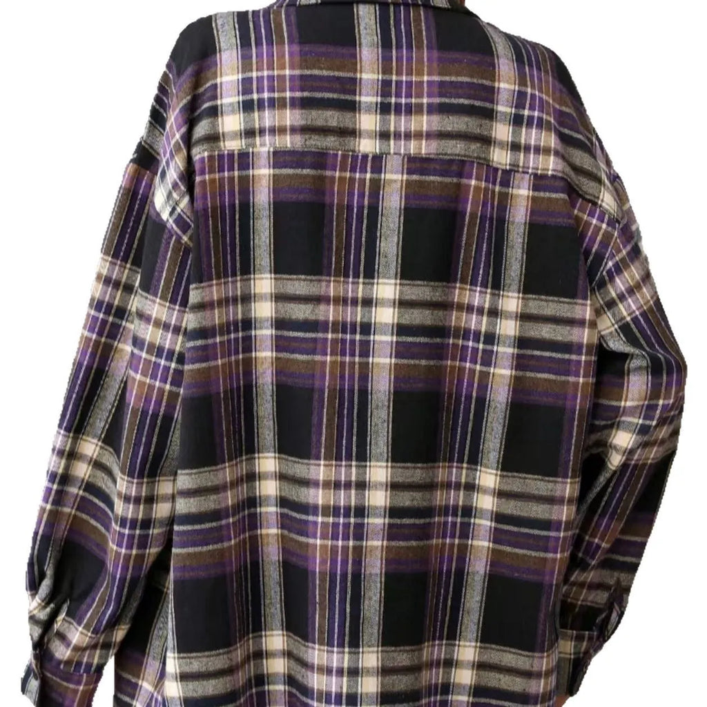 Women's loose-fit retro plaid cotton shirt in black, shown with long sleeves.