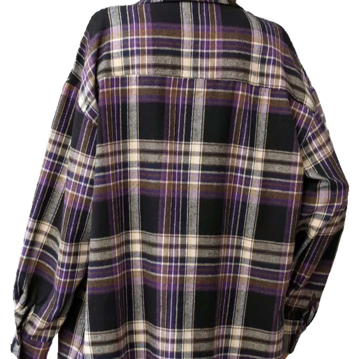 Women's loose-fit retro plaid cotton shirt in black, shown with long sleeves.