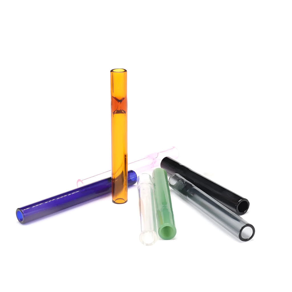 Clear glass telescopic smoking pipe with straight suction nozzle on a white background