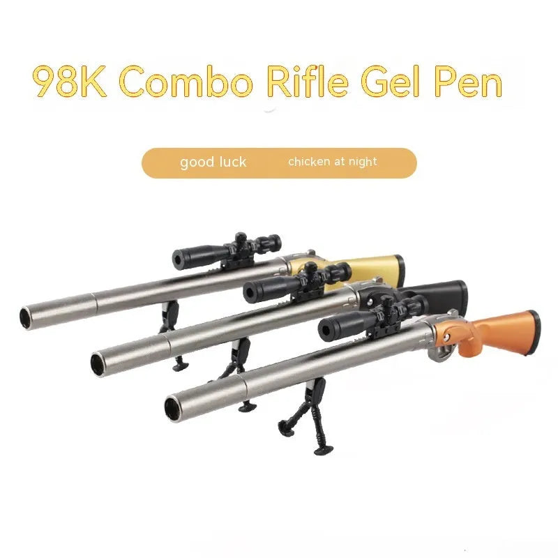 Marvel 98K sniper rifle model gel pen with 0.5mm tip shown next to Ace Agent black and blue ink refills.