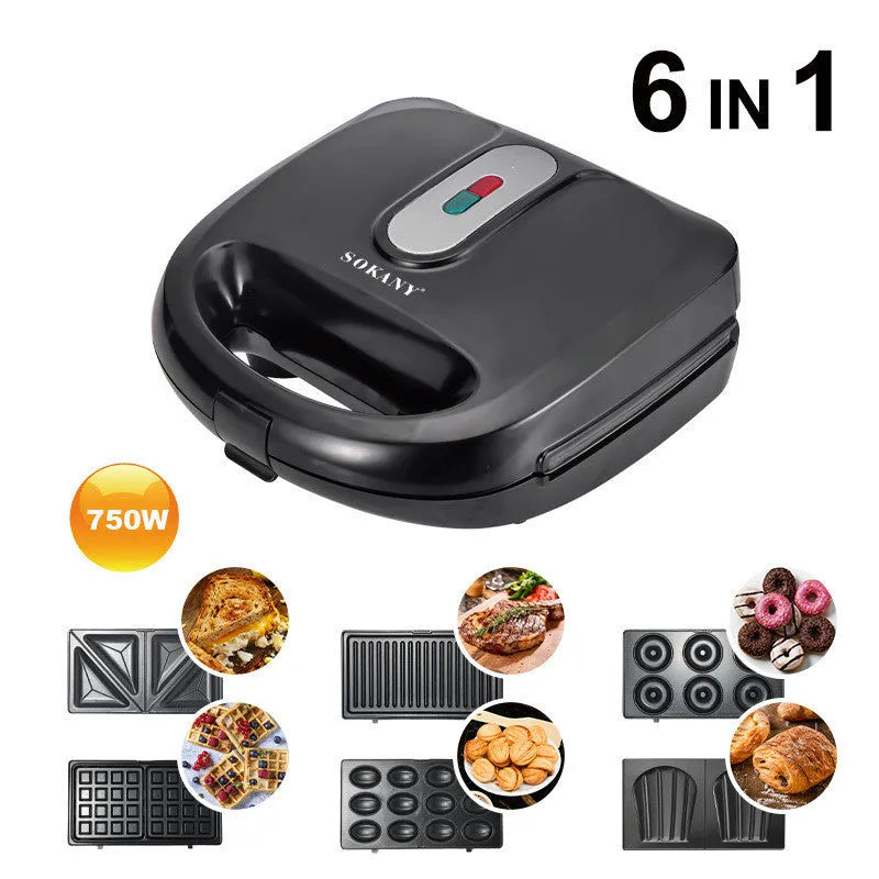Black electric sandwich pan with double-sided heating, non-stick coating, and brushed stainless steel top cover