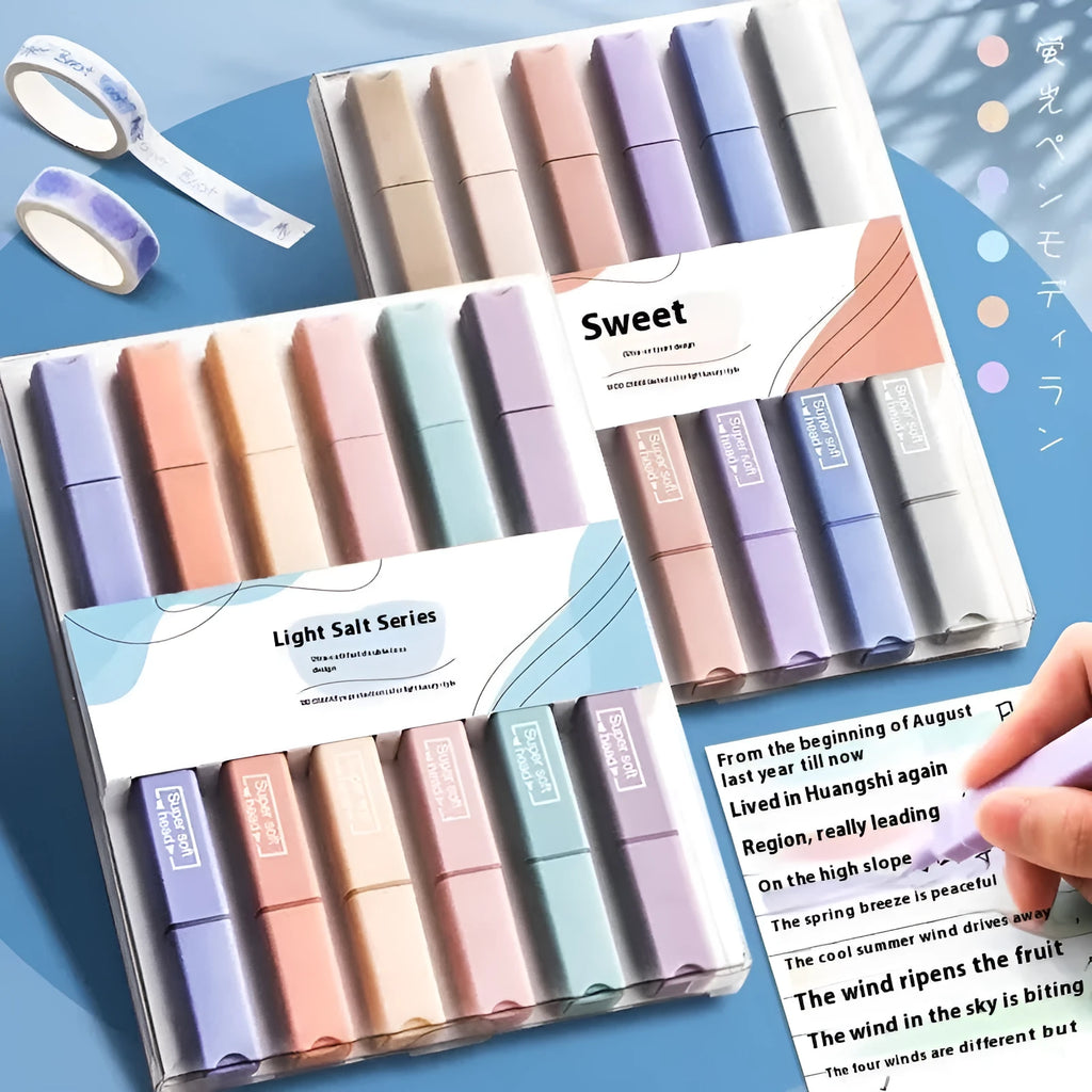 Set of double-tipped fluorescent marker pens showing chisel and bullet nibs, in mixed bright and pastel colours.