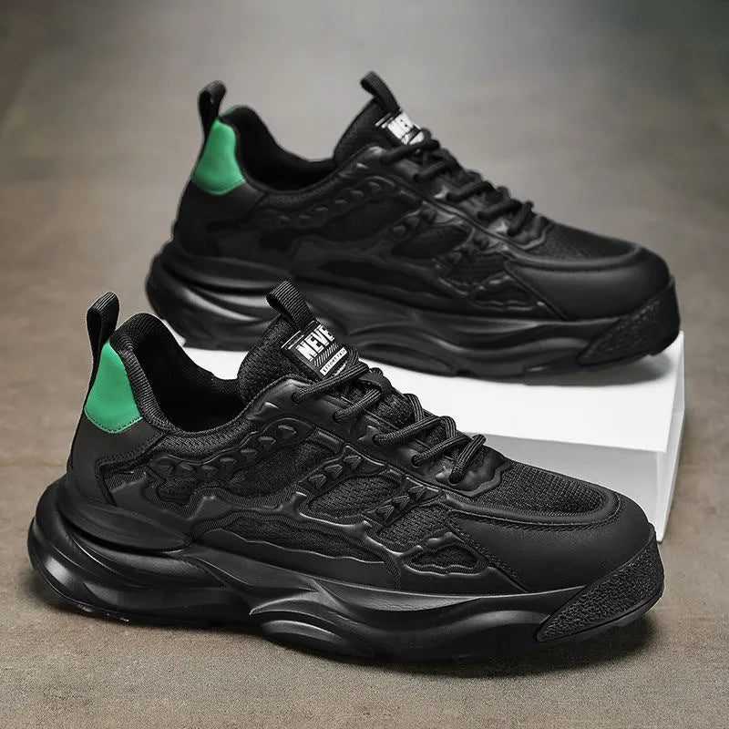 Men's white and black mesh casual shoes with round toe and breathable PU upper