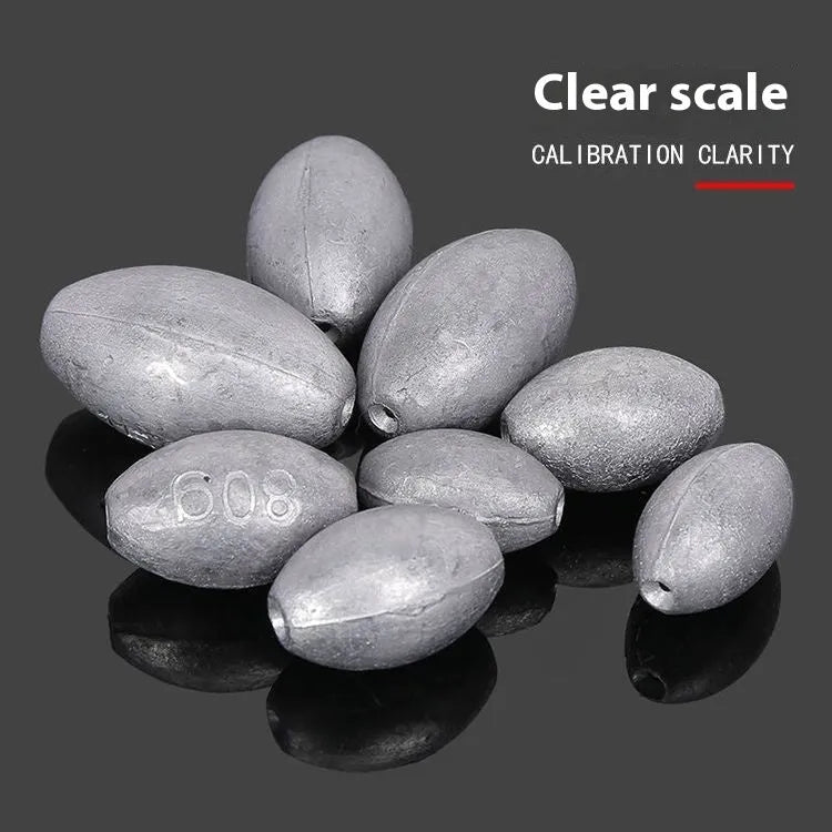 Olive-coloured rugby-shaped fishing sinker with a textured scale surface and plastic core, shown in various weights.