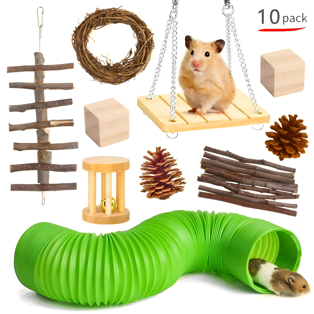 Wooden pet toy set with various components for rabbits, guinea pigs, and parrots