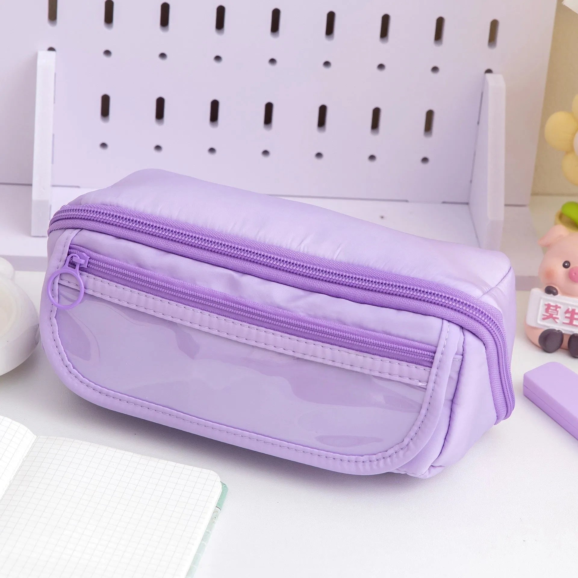 Korean style canvas pencil case with 10-layer flip design open showing multiple compartments