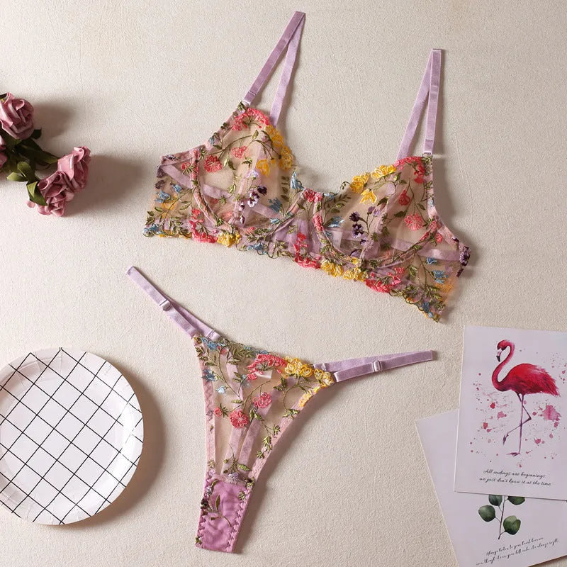 Floral mesh bra with steel ring T-back underwear set in multiple colours