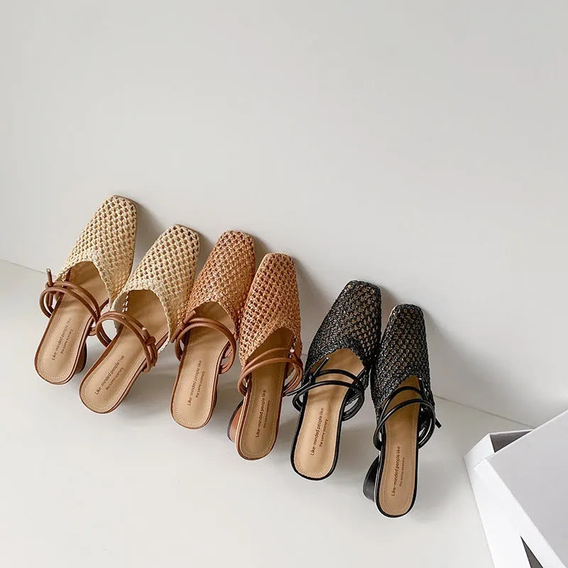 Women's square toe casual slippers with retro thick heel and hollow-out breathable design
