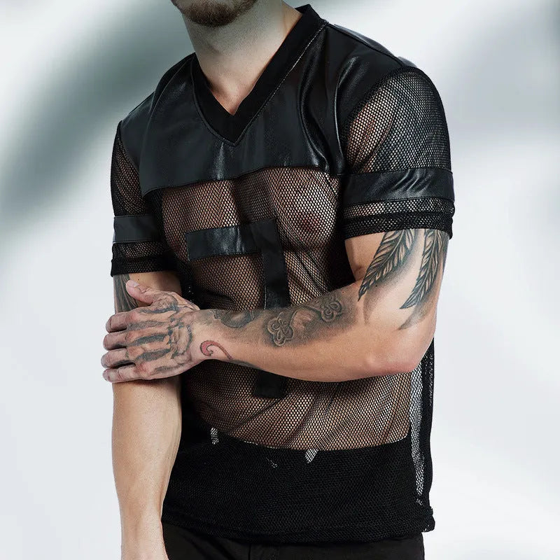 Men's black breathable mesh running T-shirt with V-neck stitching, casual sports top