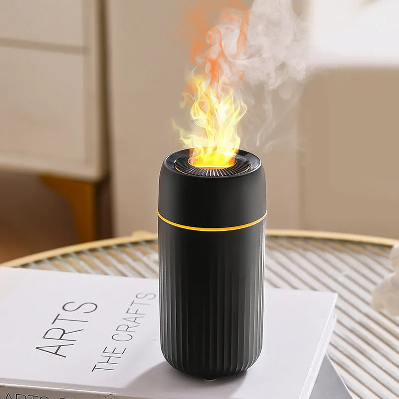 Car flame simulation aroma diffuser showing black and white colour options with 100mL capacity display