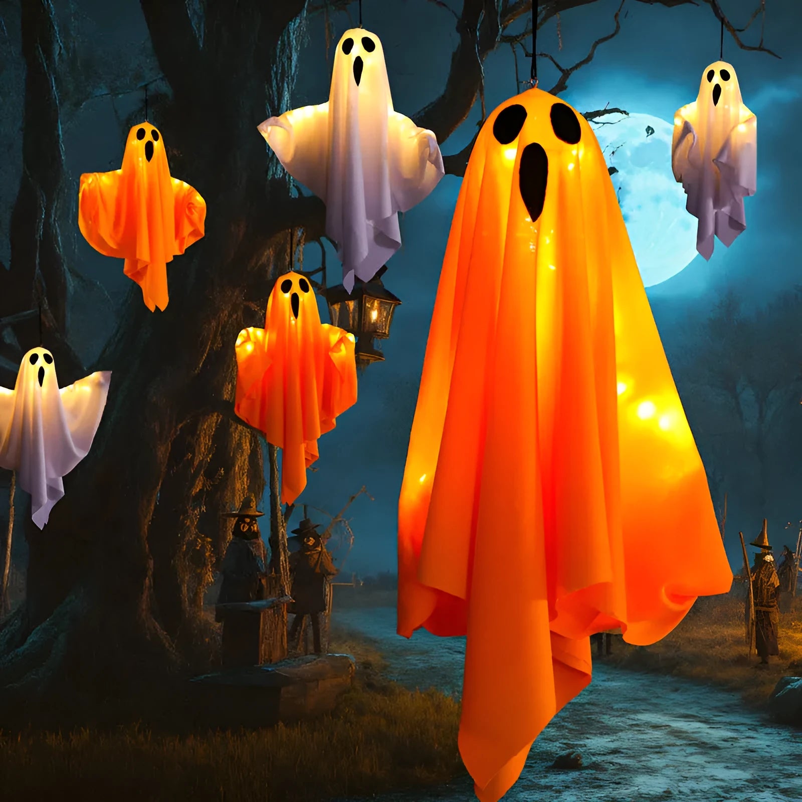 White ghost horror indoor party light with cloth material and 4.5V button electronics for Halloween decorations