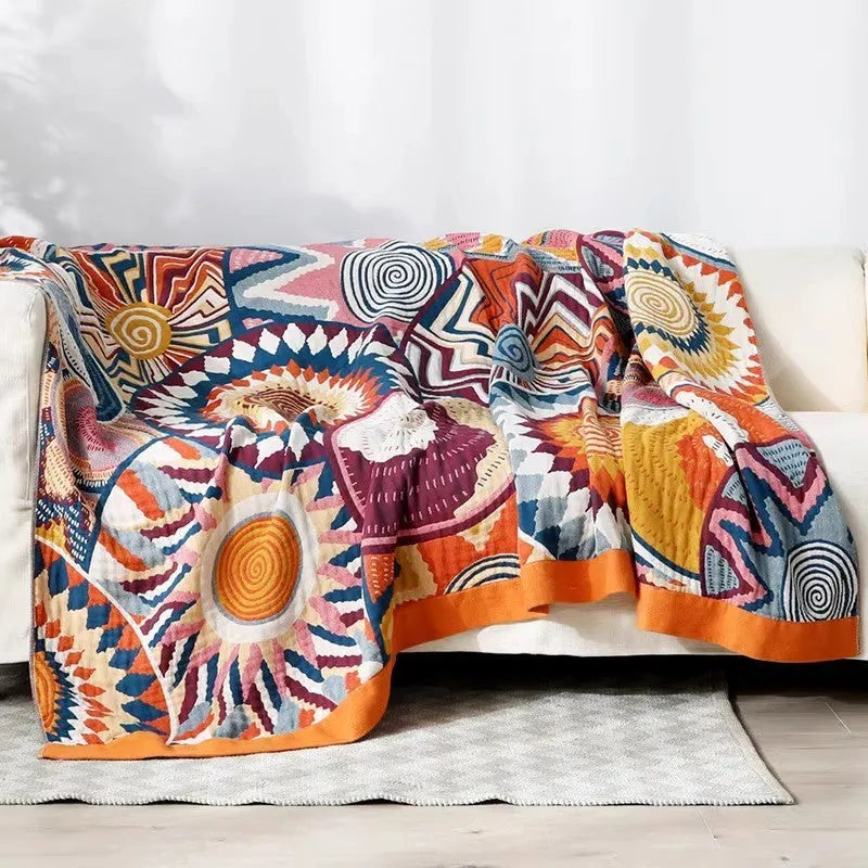 Pure cotton five-layer gauze bedspread blanket with Roulette Wheel Blue reactive print in modern simplicity style.
