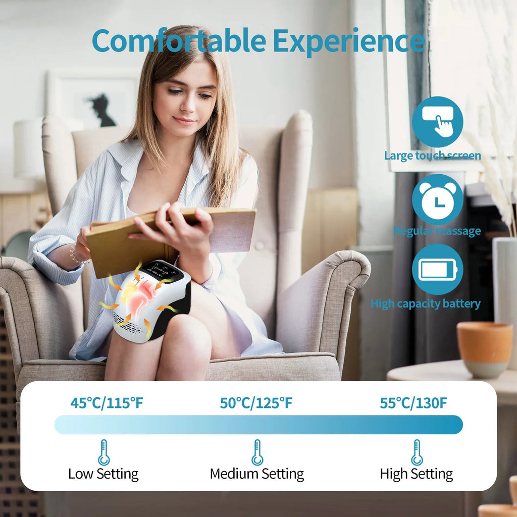 White wearable electric knee massager with straps, showing controls for kneading, heat, and vibration therapy.