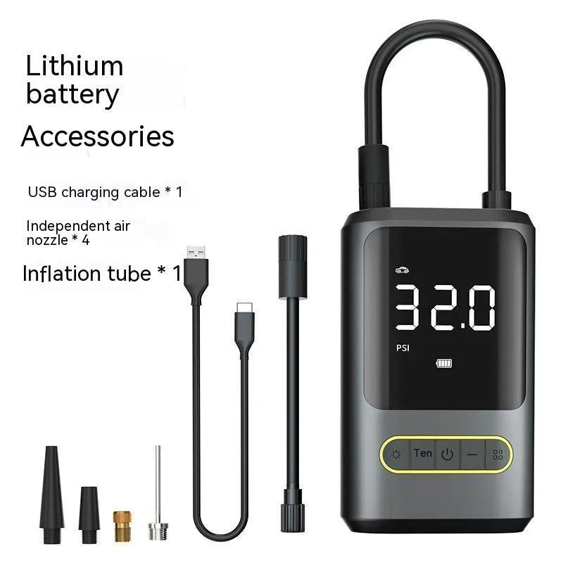 Black handheld digital wireless tyre inflator pump with LED light display on a grey background.