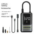 Black handheld digital wireless tyre inflator pump with LED light display on a grey background.