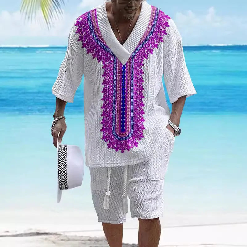 Men's printed drop-shoulder knitted shorts suit with short-sleeved top and matching shorts in chemical fibre blend fabric