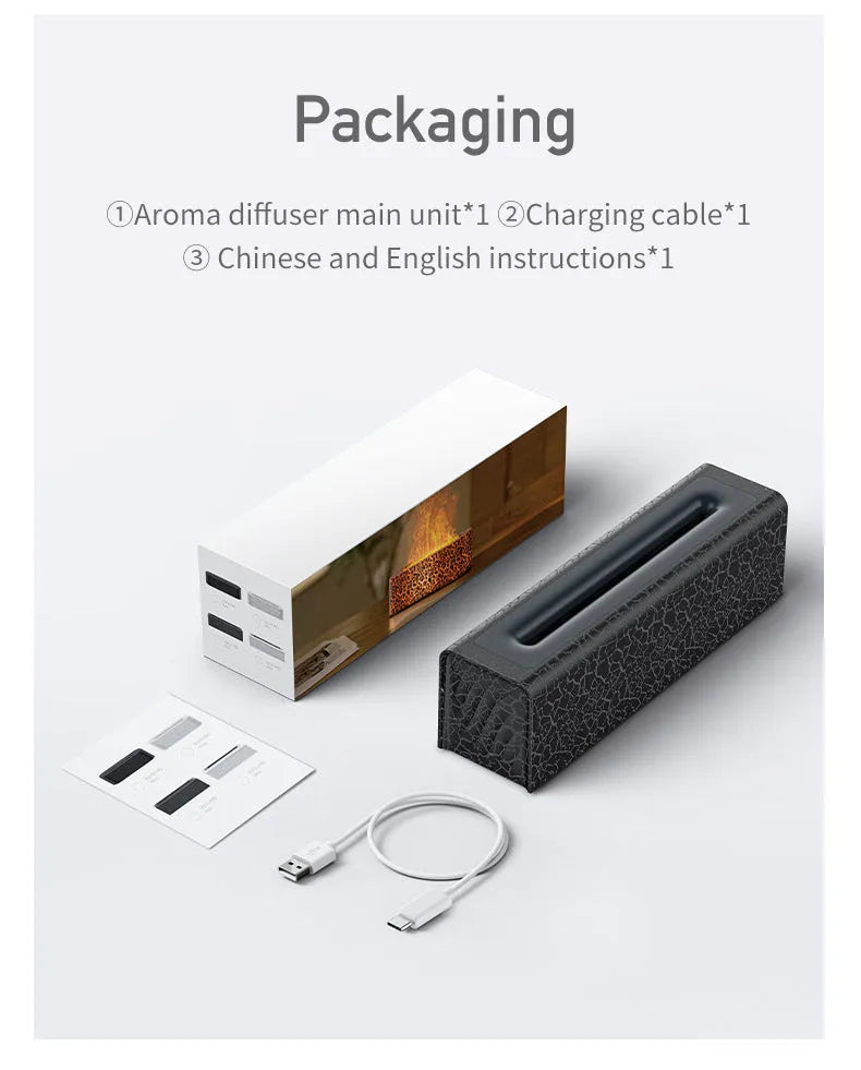 Square black and white USB lava flame aroma diffuser humidifier on a desktop