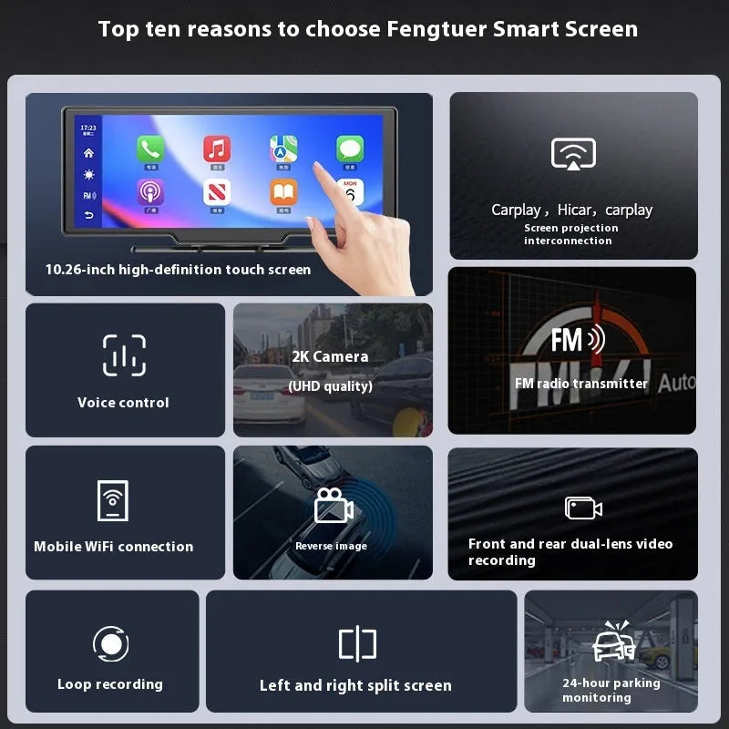 10-inch car smart screen with CarPlay, driving recorder, and reversing camera functions