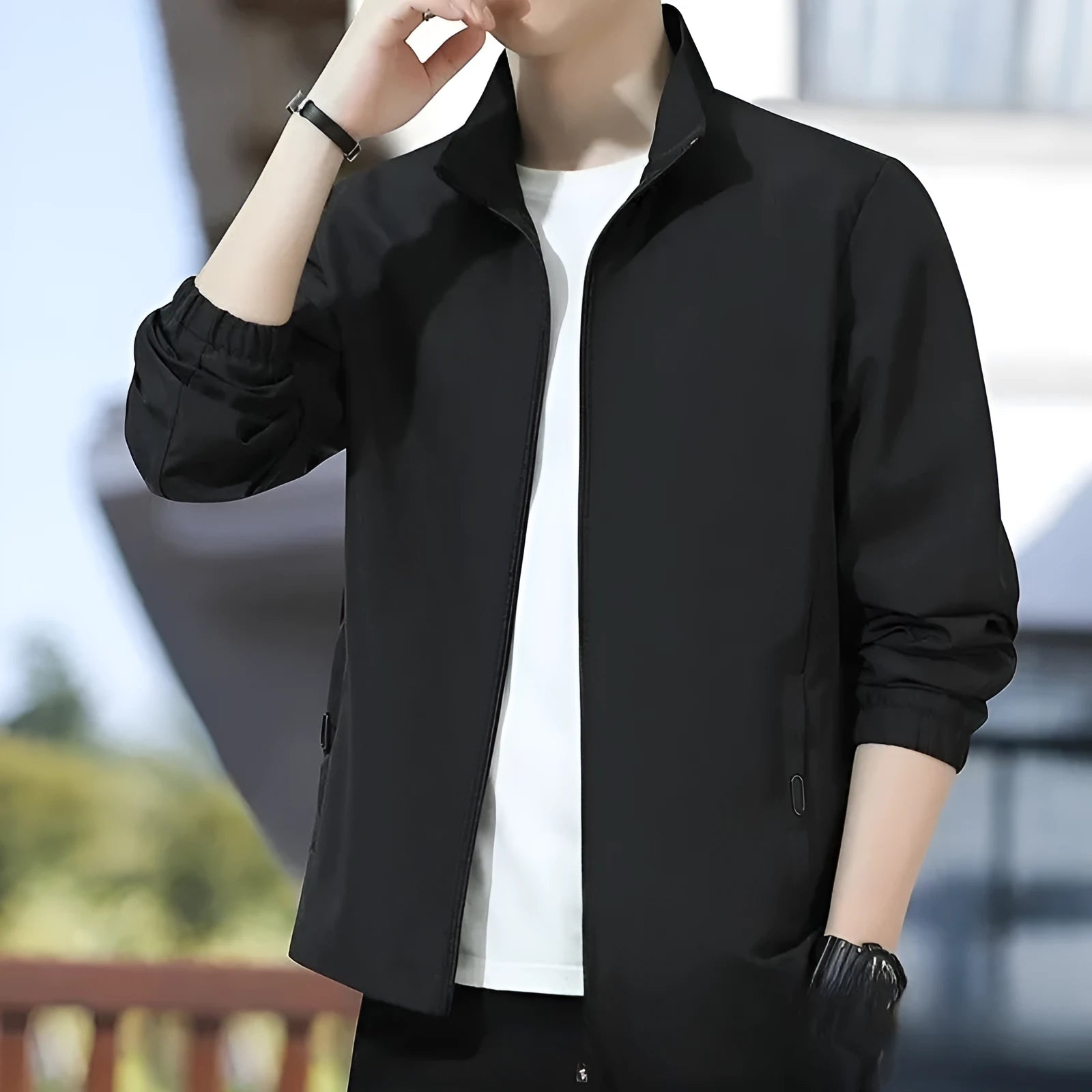 Korean style loose lapel casual jacket in black, shown on a model