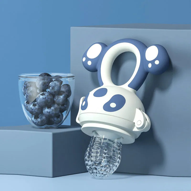 Baby food feeder with silicone tip in Quiet Blue colour on white background