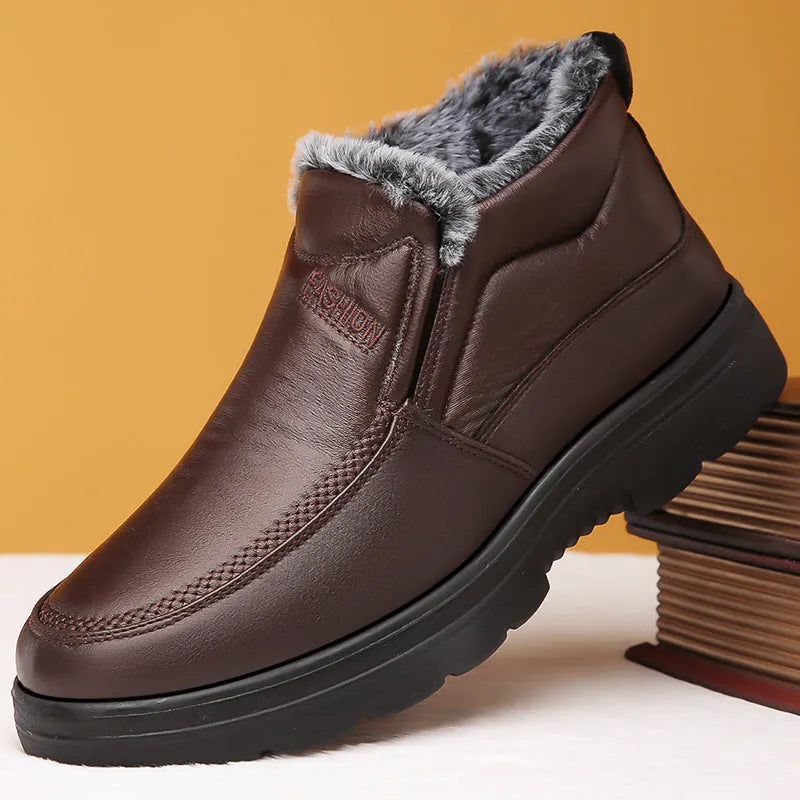 Men's black and brown fleece-lined winter slip-on shoes with a non-slip rubber sole.