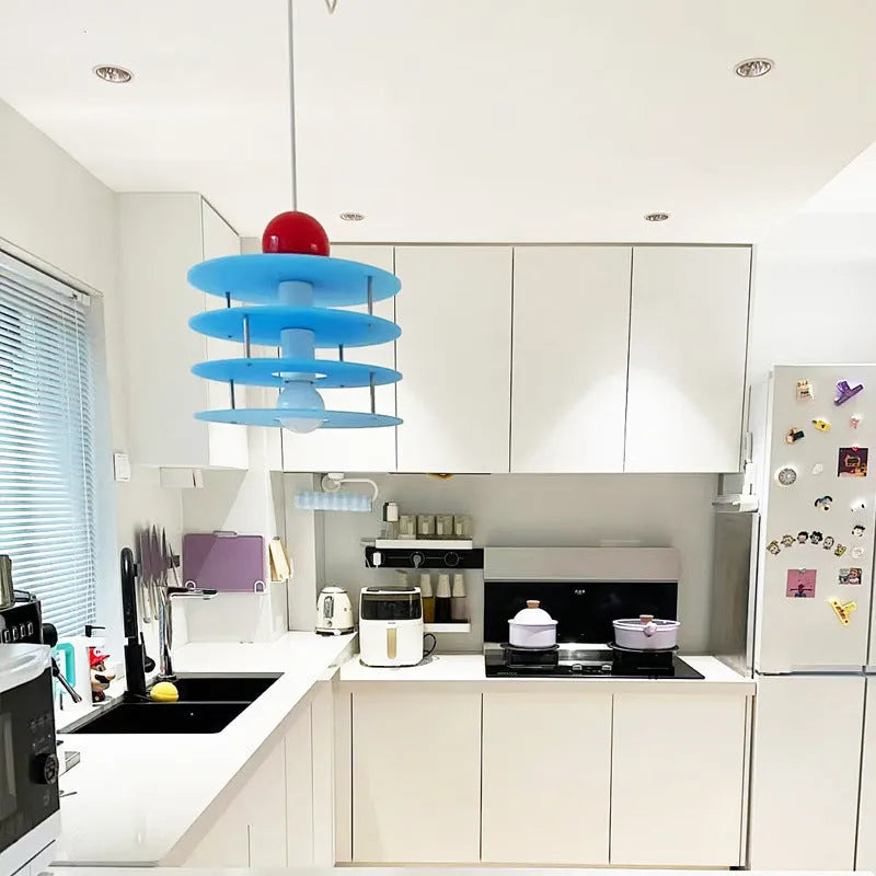 Personalised macaron restaurant chandelier in frosted blue hanging from ceiling