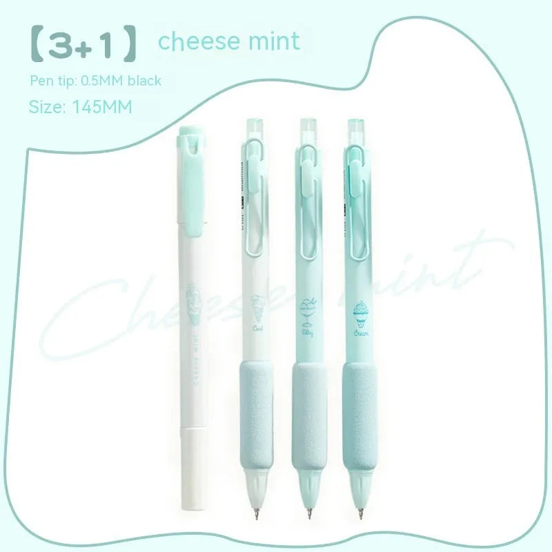 Four double-headed calligraphy practice pens with 0.5mm tips and fluorescent markers in cheese mint and sea salt ice cup colours.