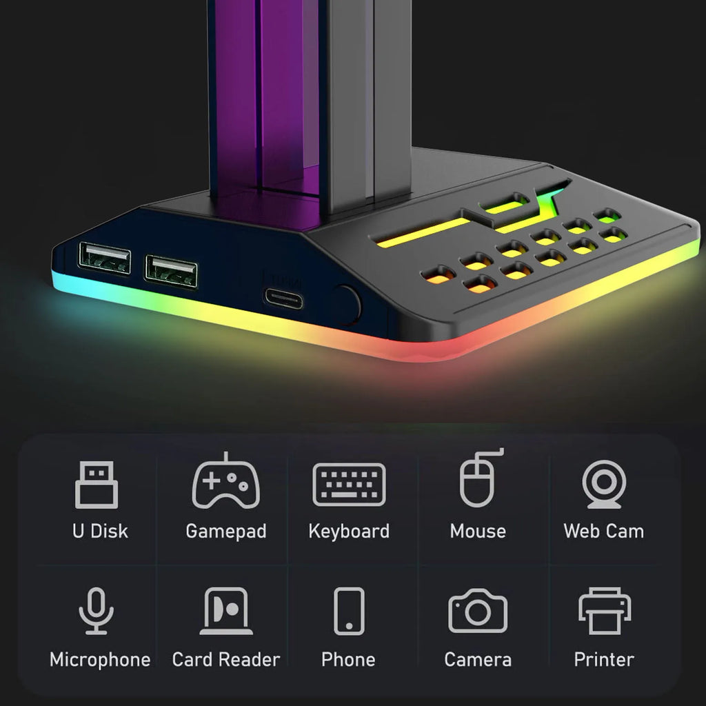 RGB headphone display stand with dual USB ports in black acrylic on a desk