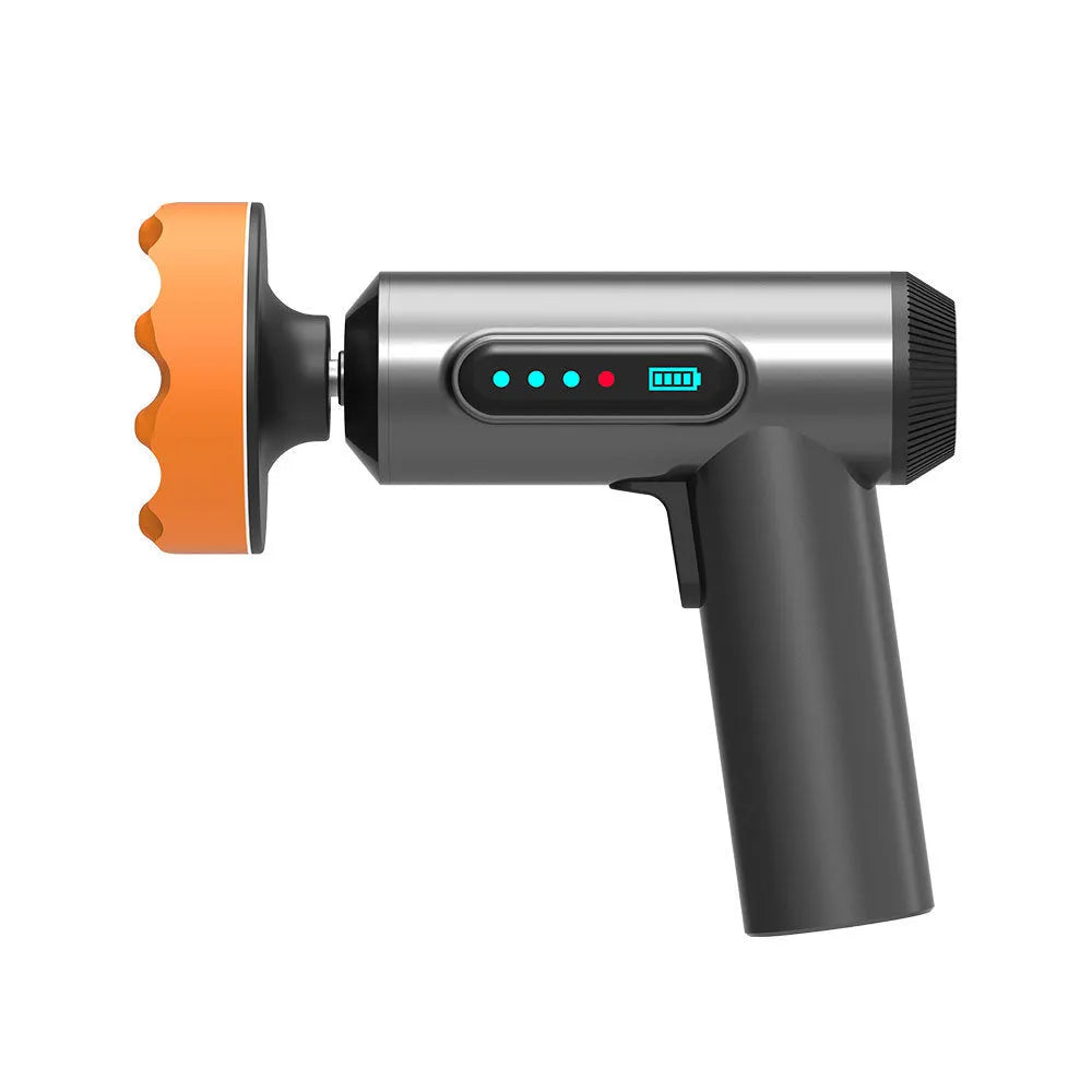 Cordless handheld electric waxing and polishing machine with a grey ABS body and a central white polishing disc.