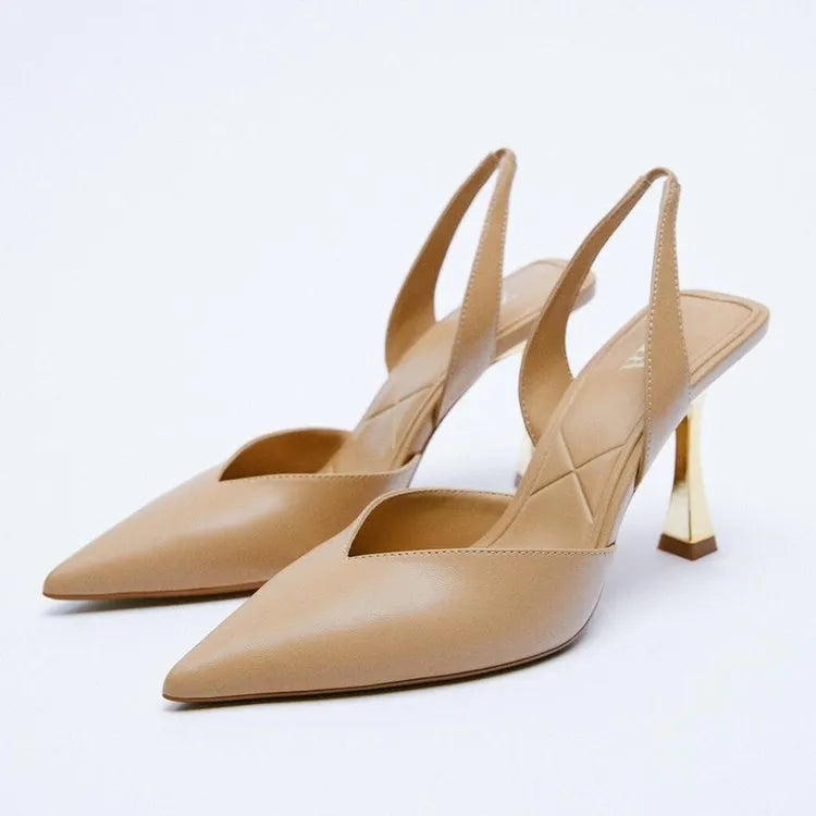 Patent leather pointed high heels in black and apricot colours with Korean-style design