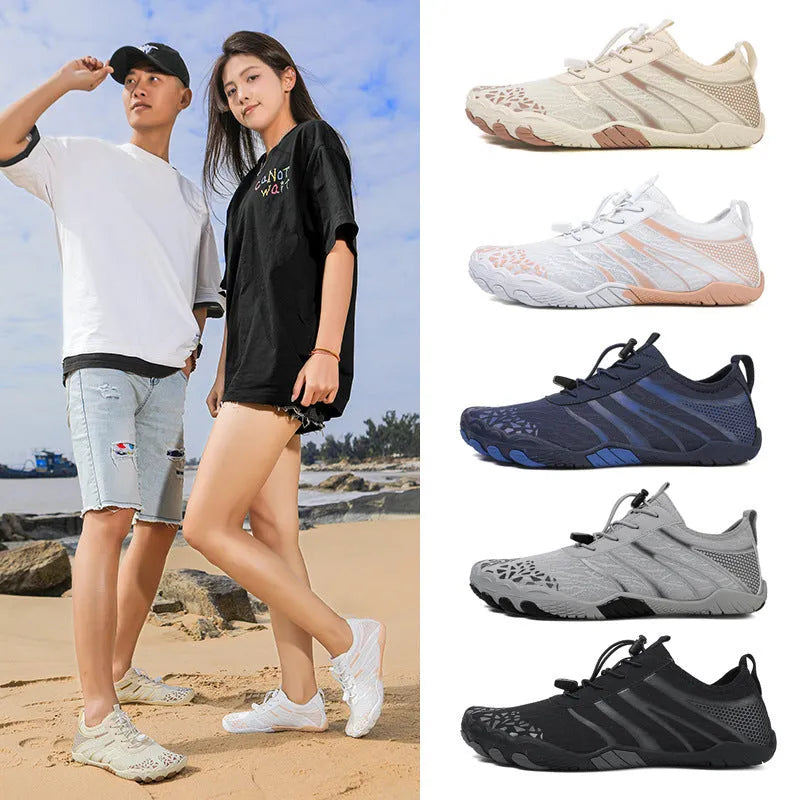 Beach running shoes with Lycra stretch fabric upper shown in multiple colours including beige and white pink.