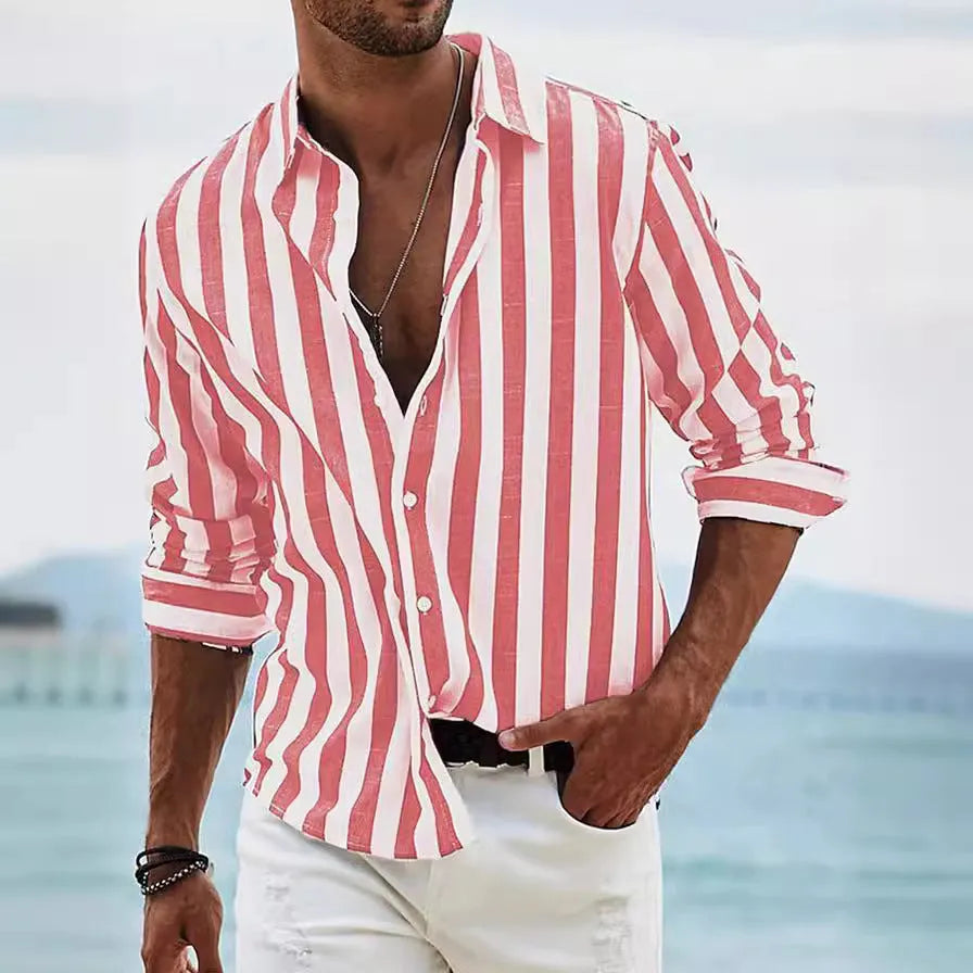 Men's loose-fitting striped long-sleeved shirt in British style cardigan cut with yarn-dyed pattern