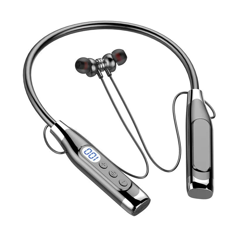 Bluetooth headset in black bare metal finish with hanging neck silicone design and digital display