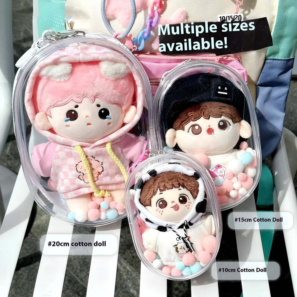 Transparent PVC cube storage bag for cotton dolls in 13cm, 17cm, or 23cm sizes with colour options