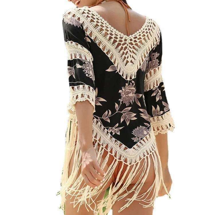 Women's sun protection shirt with V-neck and hollow-out sleeves in mercerised cotton