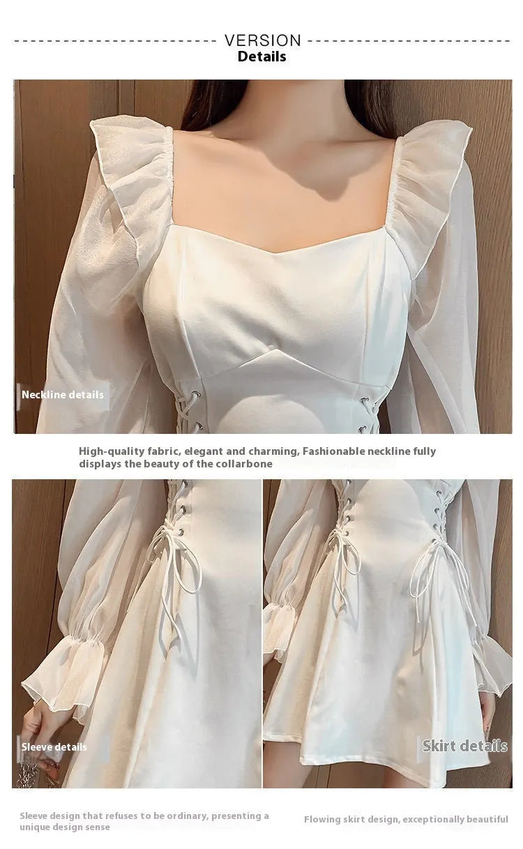 White women's chiffon dress with waist-slimming design and long sleeves