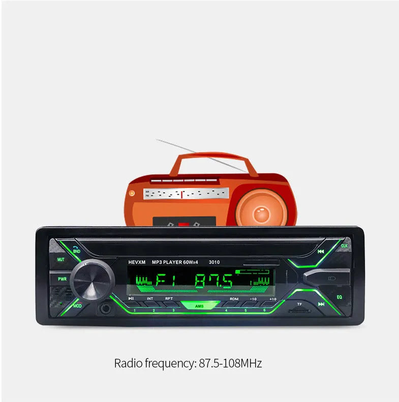 Car radio MP3 player with Bluetooth, USB/TF slots, LCD display, and front panel controls