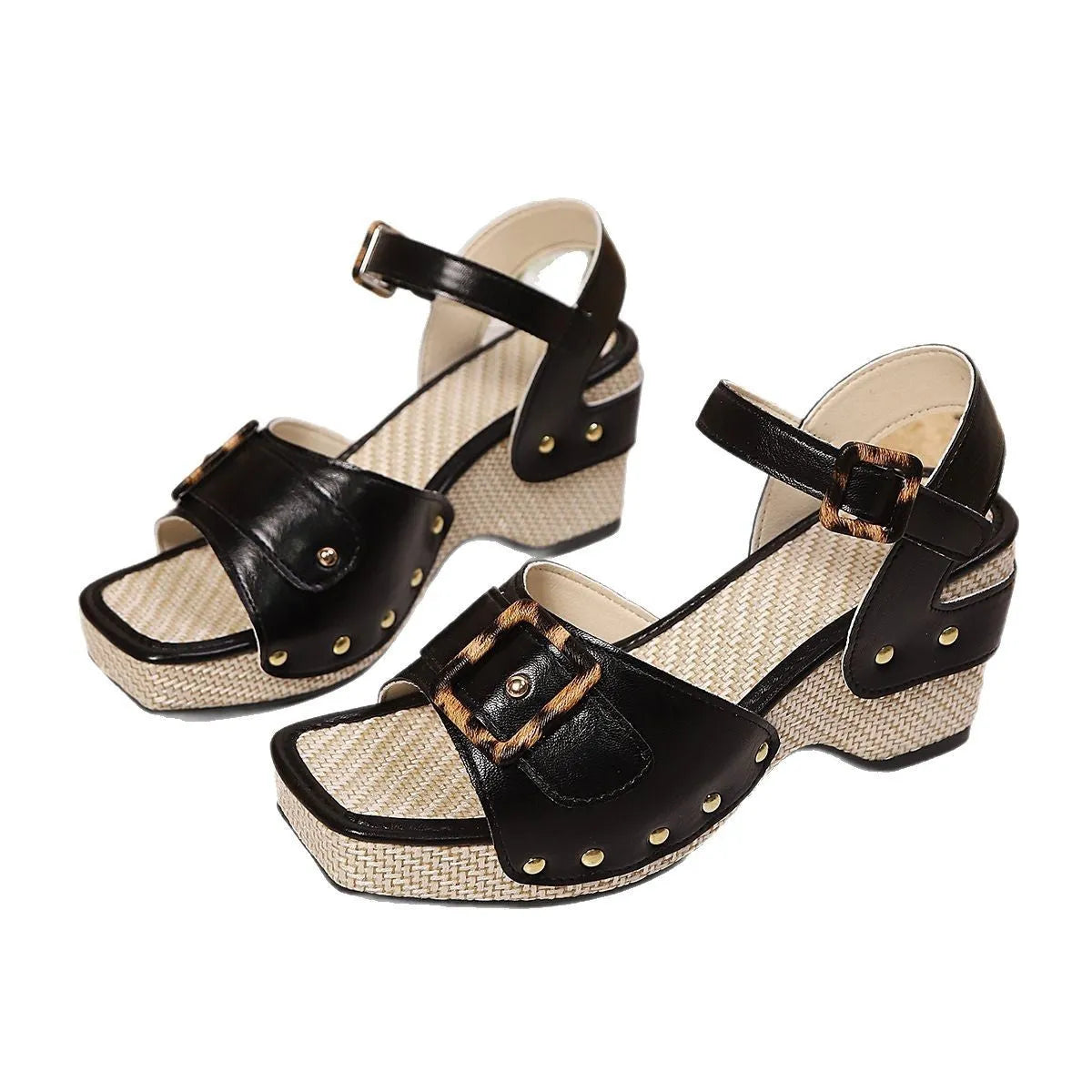 Women's black square-toe sandals with a chunky heel and metal buckle fastening on a white background.