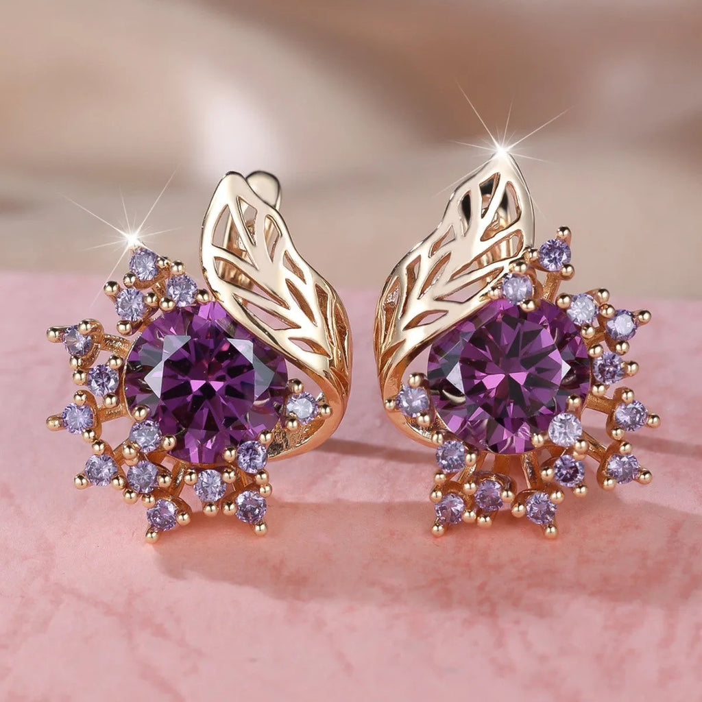 Round floral feather earrings with zircon diamonds in rose gold setting