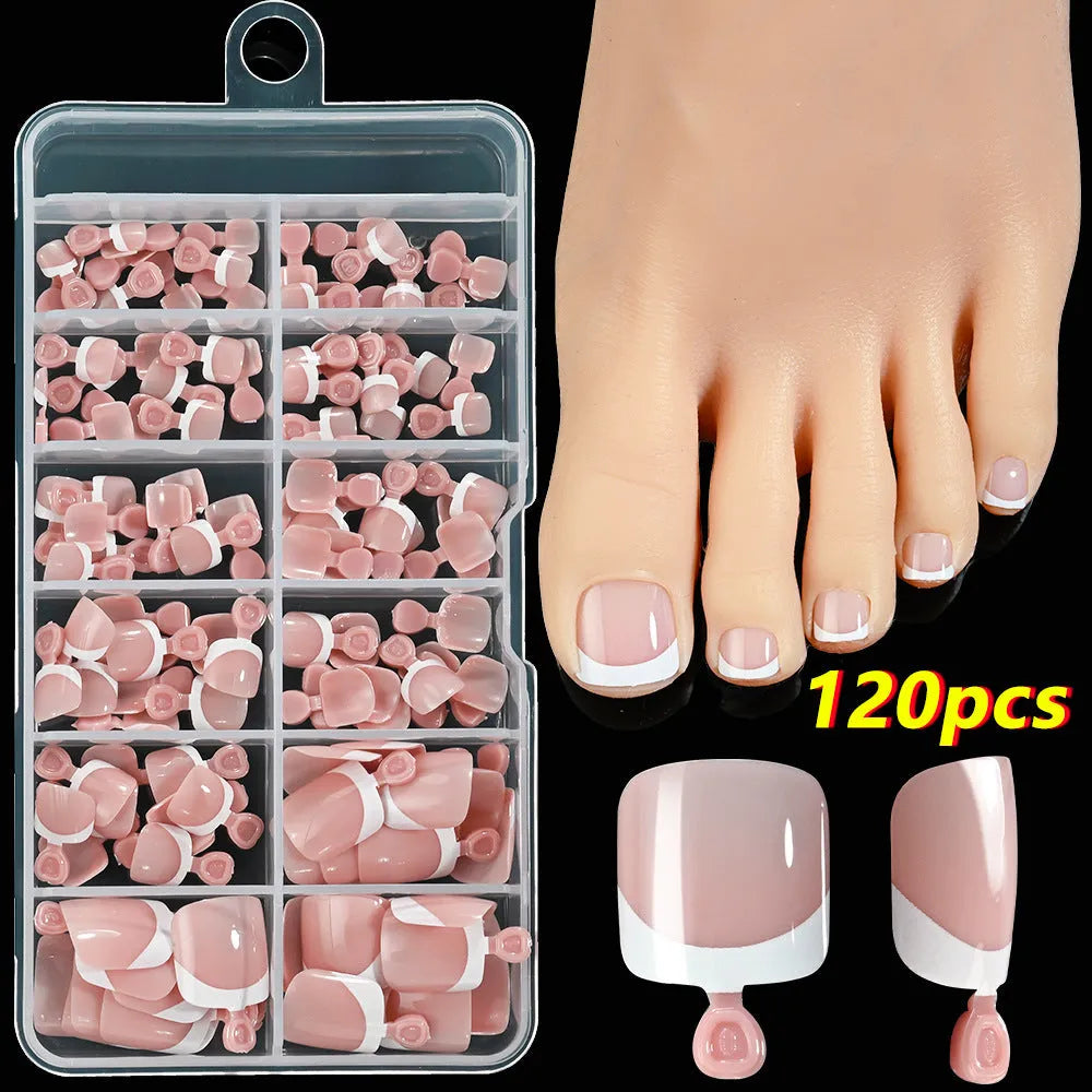 Box of 120 French tip artificial toenails in full square short shape with nine nude colour options